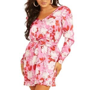 Guess Lena Belted Floral Print Long Sleeve Mini Dress Pink Red Rose Satin XS